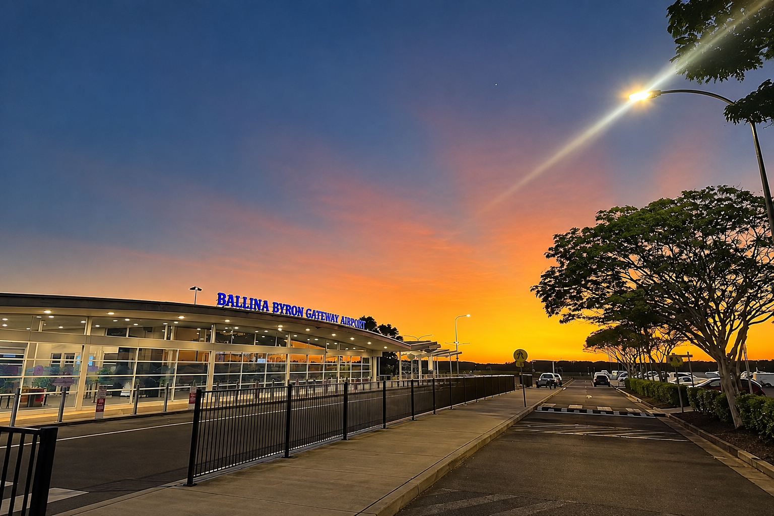 Ballina Byron Gateway Airport terminal at sunset.