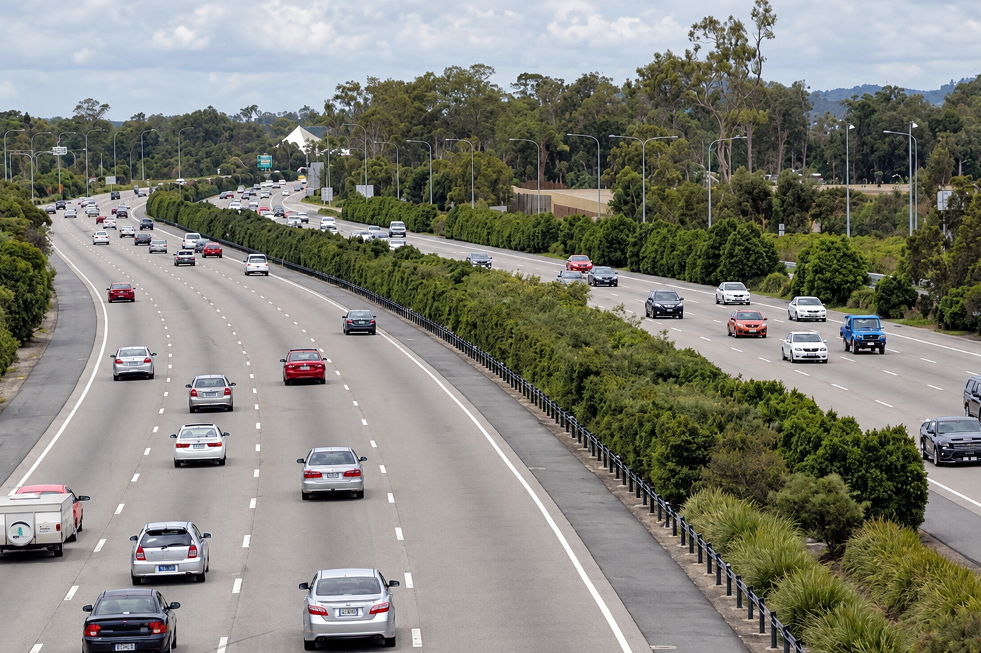 Traffic travelling in both directions along the Pacific Highway.