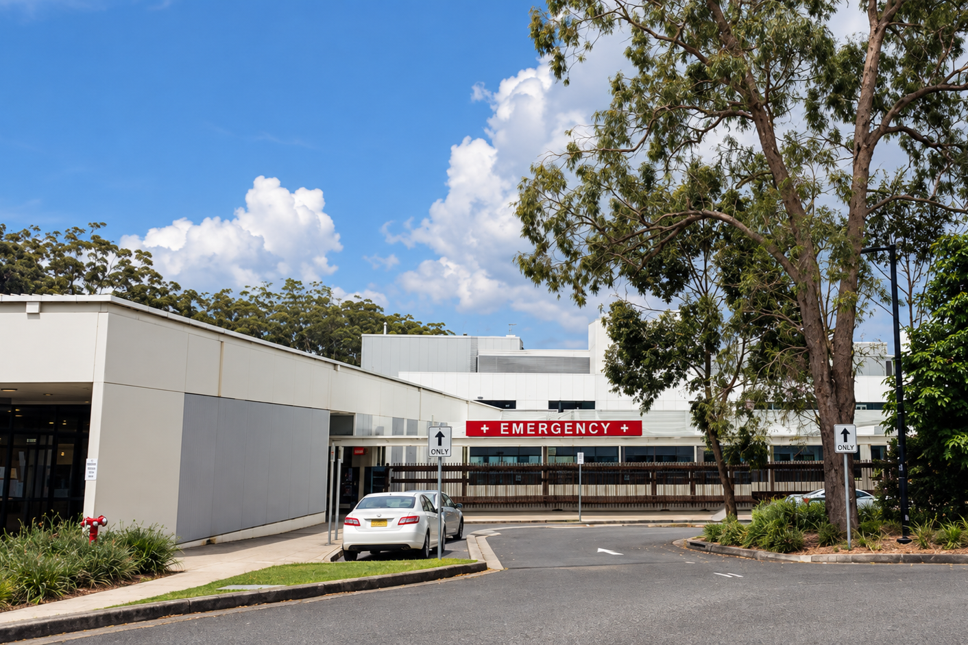 Emergency department entrance at Port Macquarie Base Hospital.