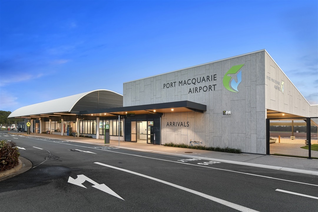 Exterior of the arrivals terminal at Port Macquarie Airport.