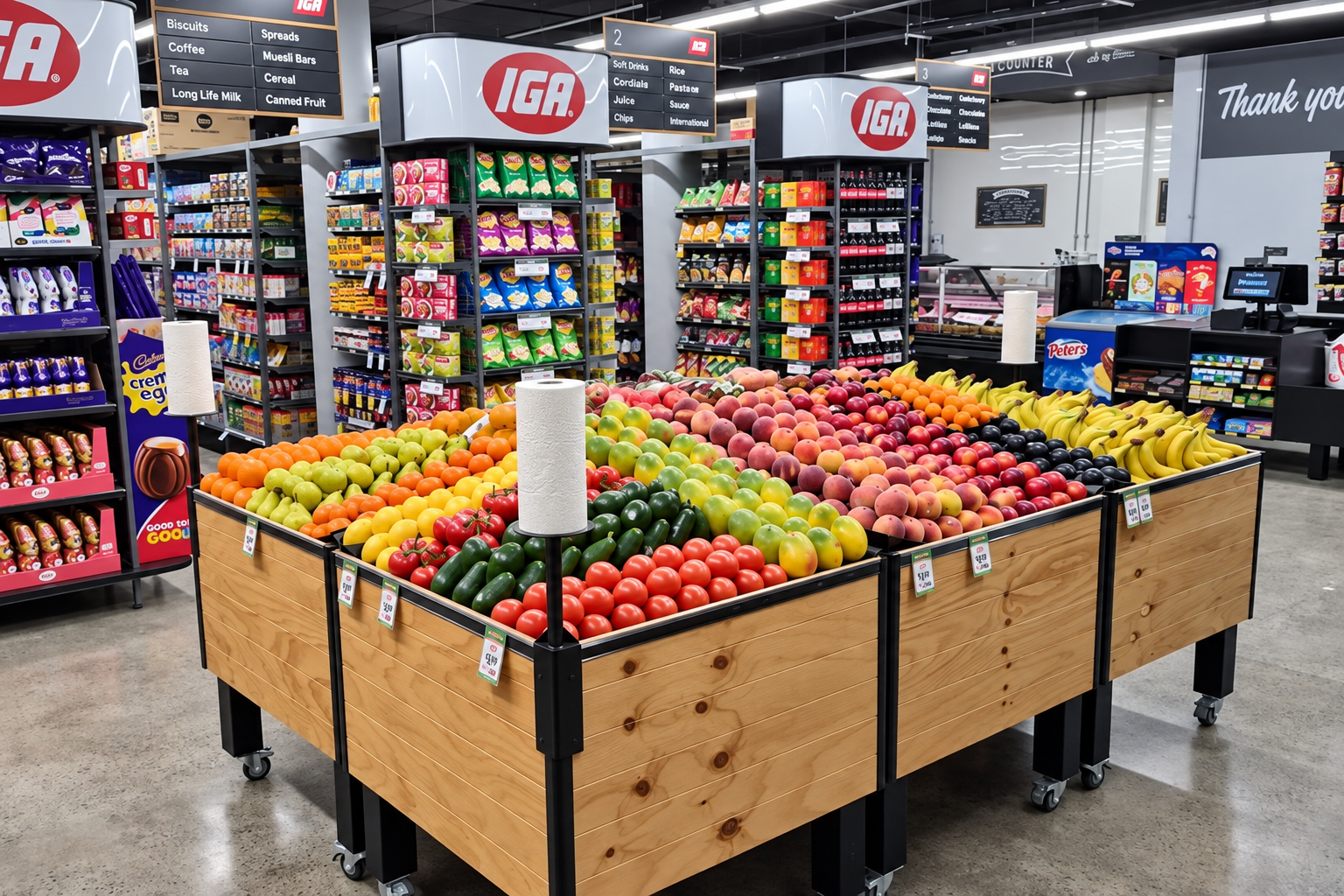 Fresh fruit and vegetable display inside IGA Shellharbour Village.