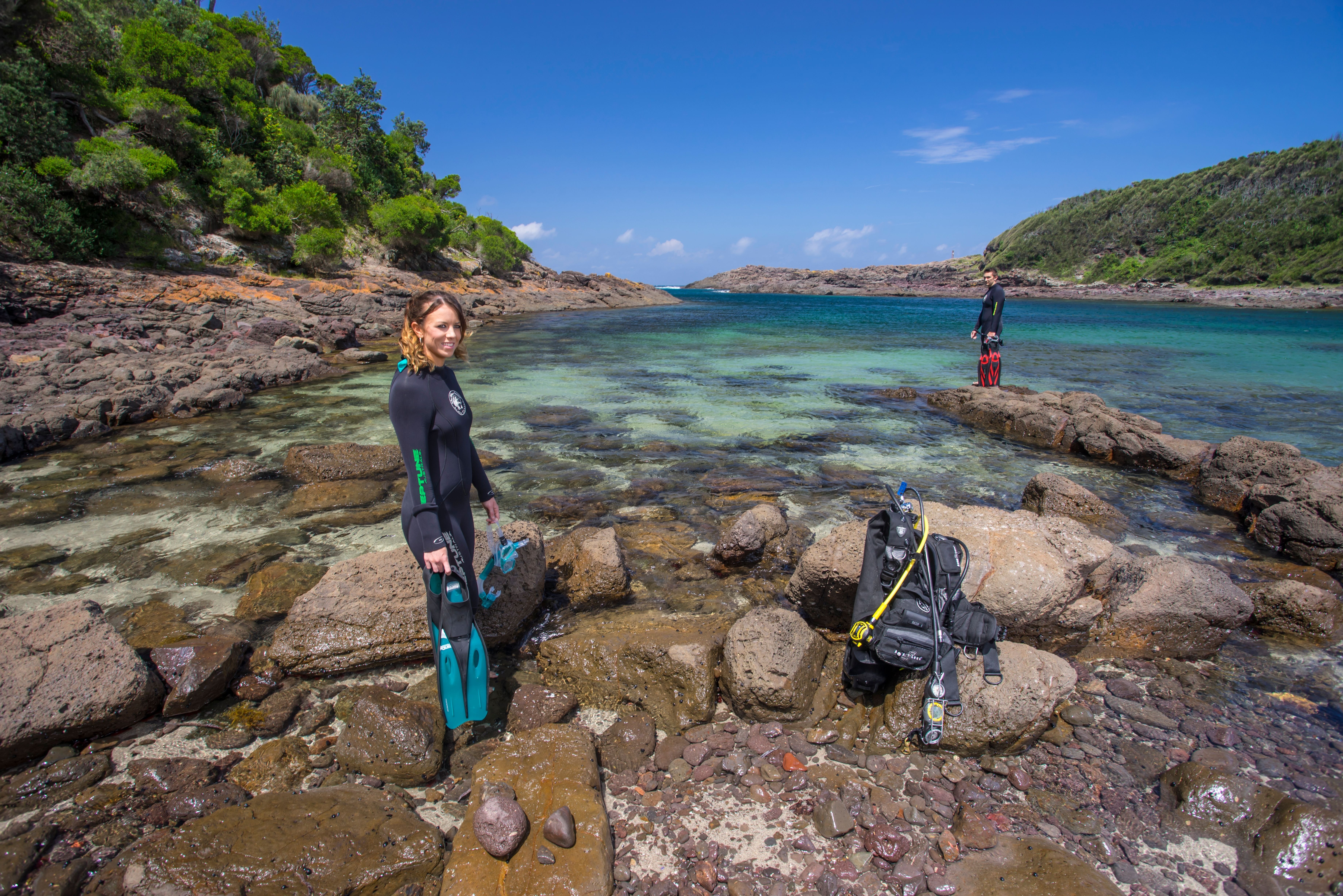 Couple ready to dive in Bushrangers Bay, Shellharbour.
