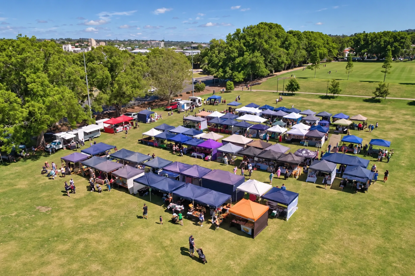 Aerial view of market stalls and visitors at Toowoomba’s Endless Edit.