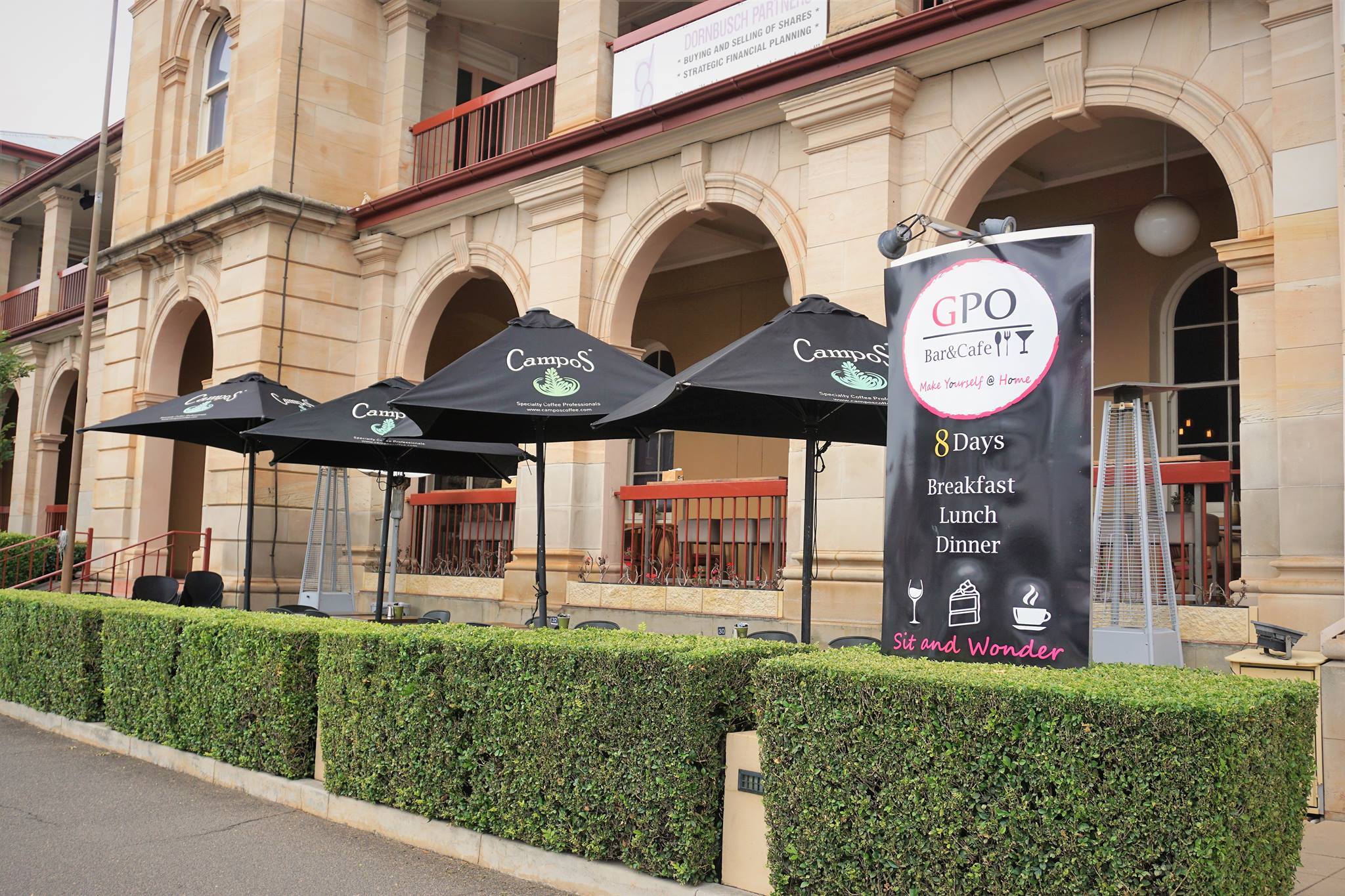 Outdoor dining area at GPO Bar and Cafe in Toowoomba CBD.