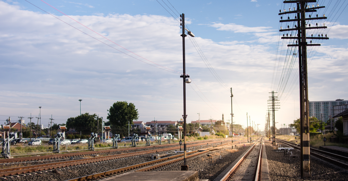 Railway corridor. Double-track railway go to station.