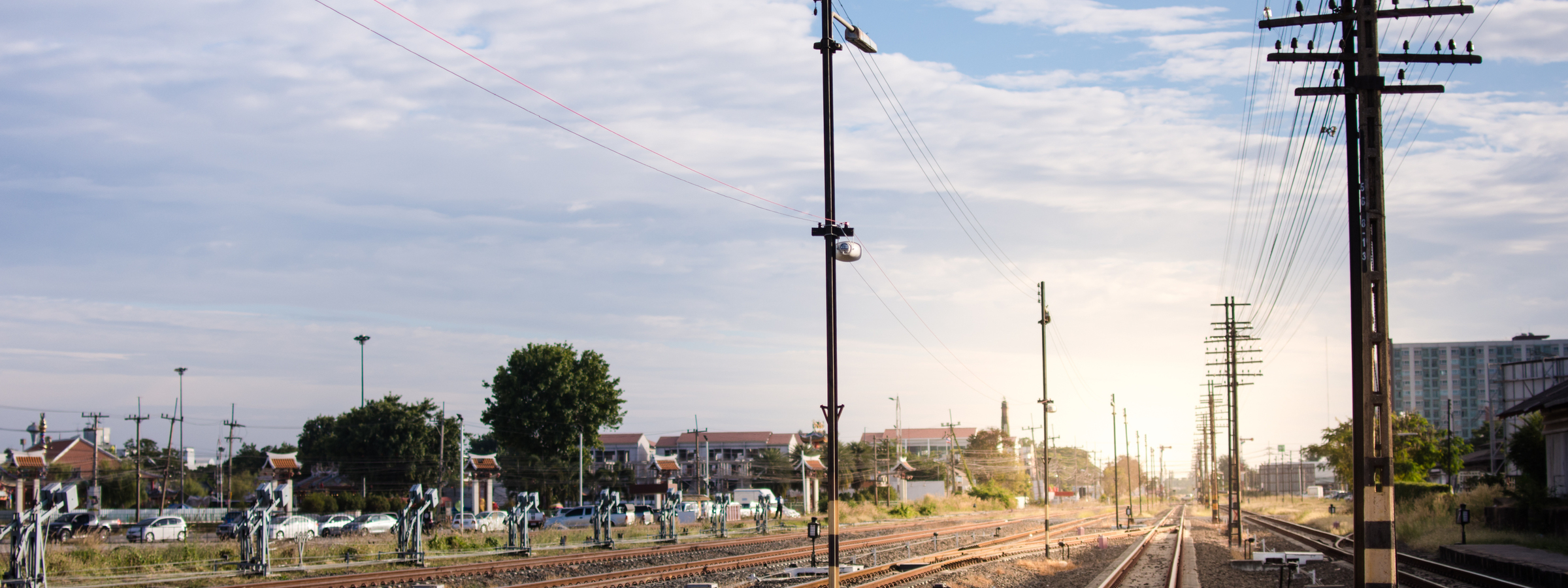 Railway corridor. Double-track railway go to station.